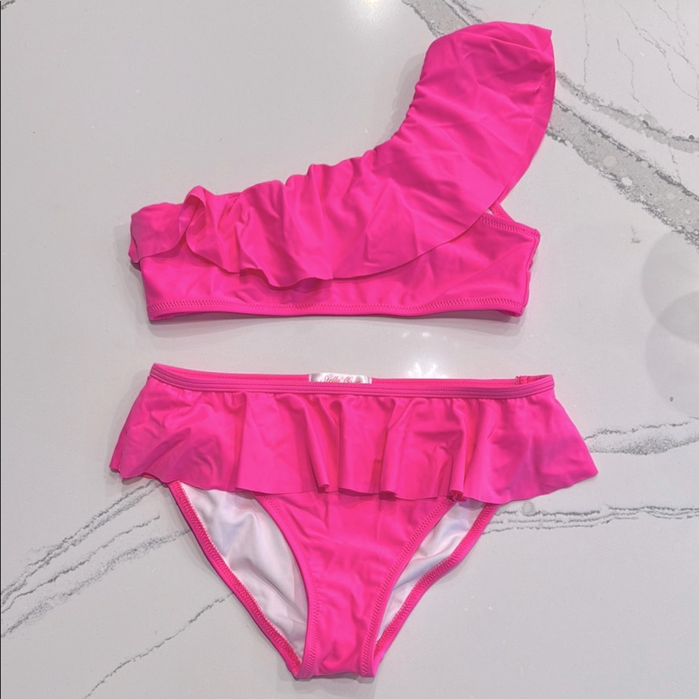Stella Cove Girls Neon Pink One Shoulder Ruffle Bikini Top & Bottom Size 10yrs